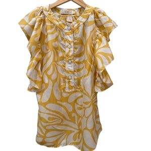 Sunner Yellow White Abstract Swirl Ruffle Sleeve Button Front Blouse Medium